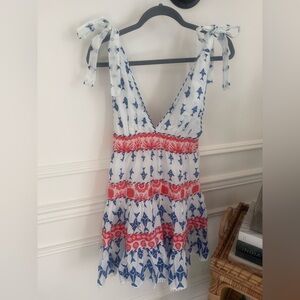 Farm Rio Tie-Shoulder V-Neck Summer Dress in White with Blue & Red Print